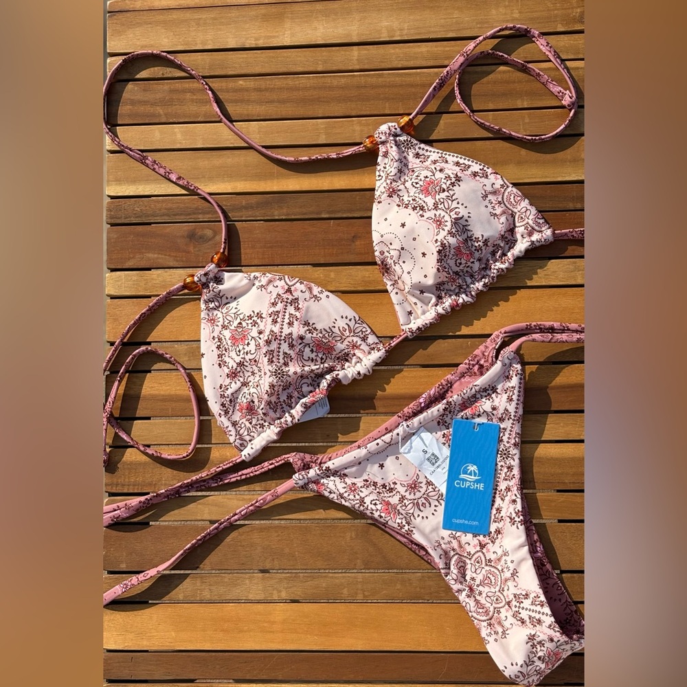 SMALL NWT Paisley Pink Blush Cream Mauve Reversible Adjustable String Bikini - Picture 6 of 10